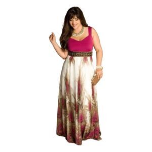 IGIGI Pink White Color Block Peacock Feathers Print Maxi Dress